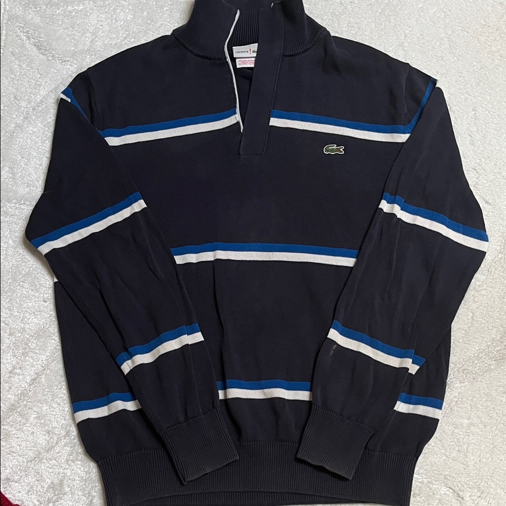 Lacoste Men's Black Sweater with Blue and White Stripes
